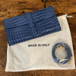 Clara Williams Blue Jean Croco Bidente Handbag Clutch Purse Strap Italian